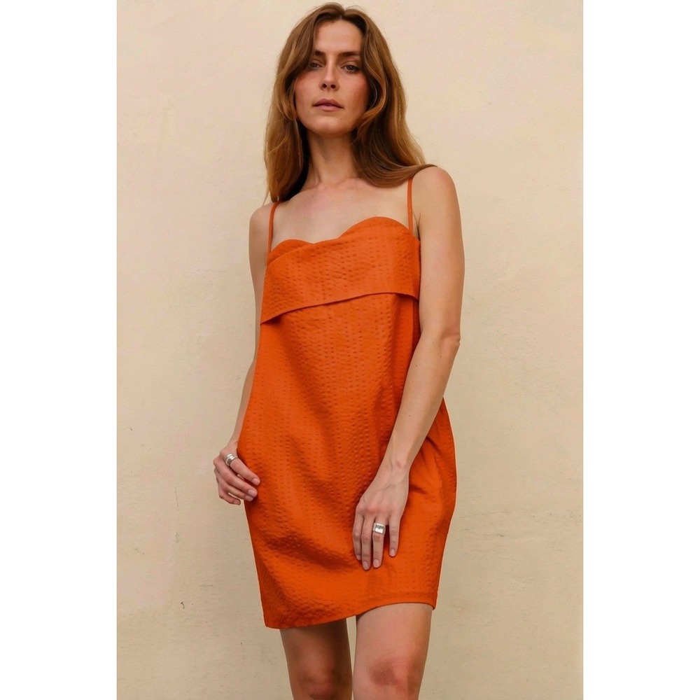 Toit Volant Verona Dress Orange Seersucker Cotton Size Large NWOT Made in LA